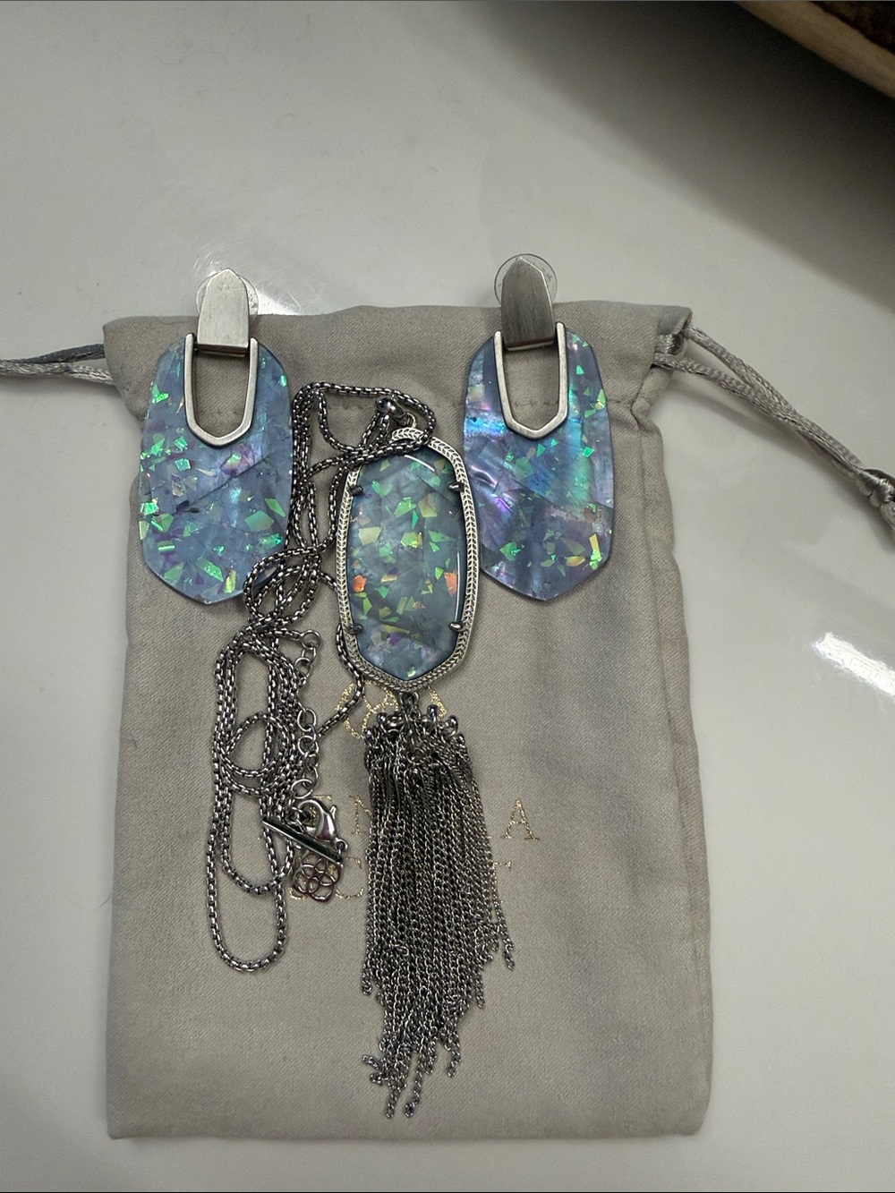 Iridescent Opal-Effect Silver Tassel Pendant Necklace, Earring, and Bracelet Set